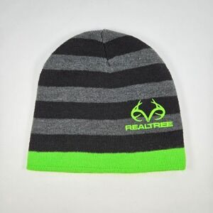 Realtree Beanie Hat Mens Striped Black Grey‎ Neon Green Embroidered Logo OSFM